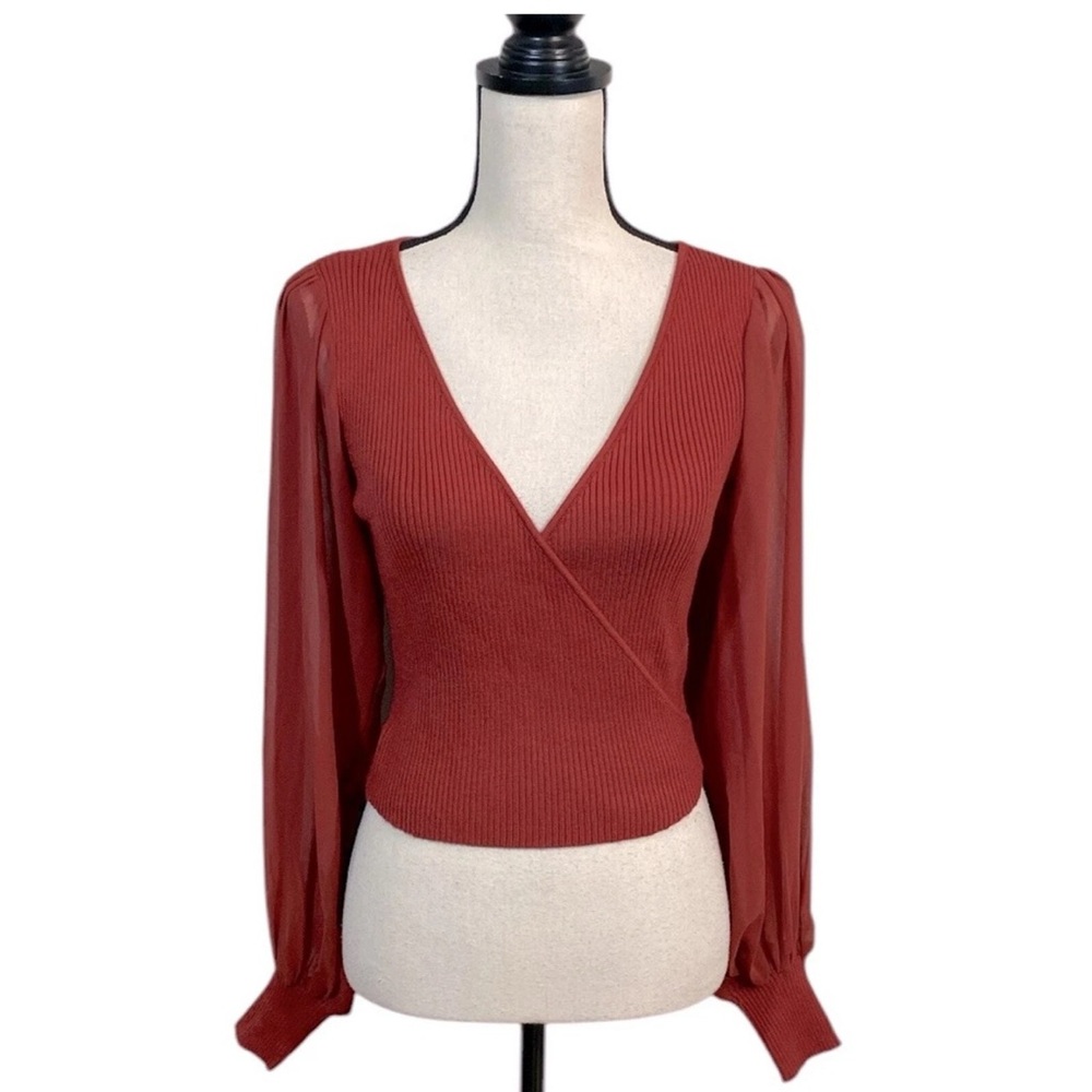 Urban Outfitters Rust Wrap Blouse with Sheer Sleeves